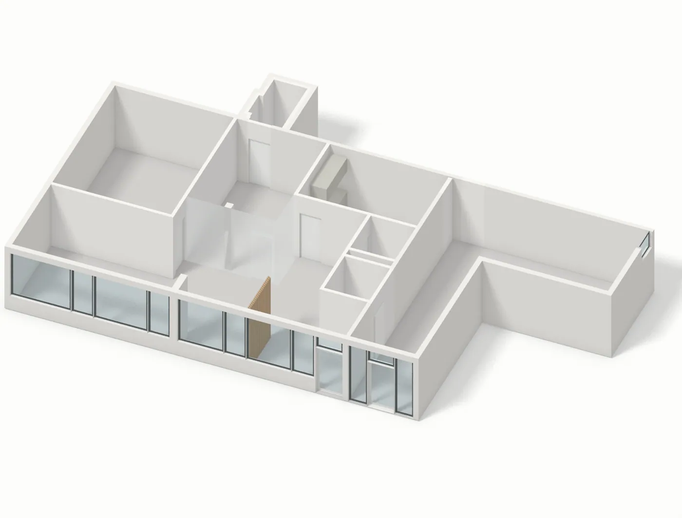Maquette 3D des nouveaux locaux, coupe axonométrique montrant la distribution des pièces et les façades vitrées