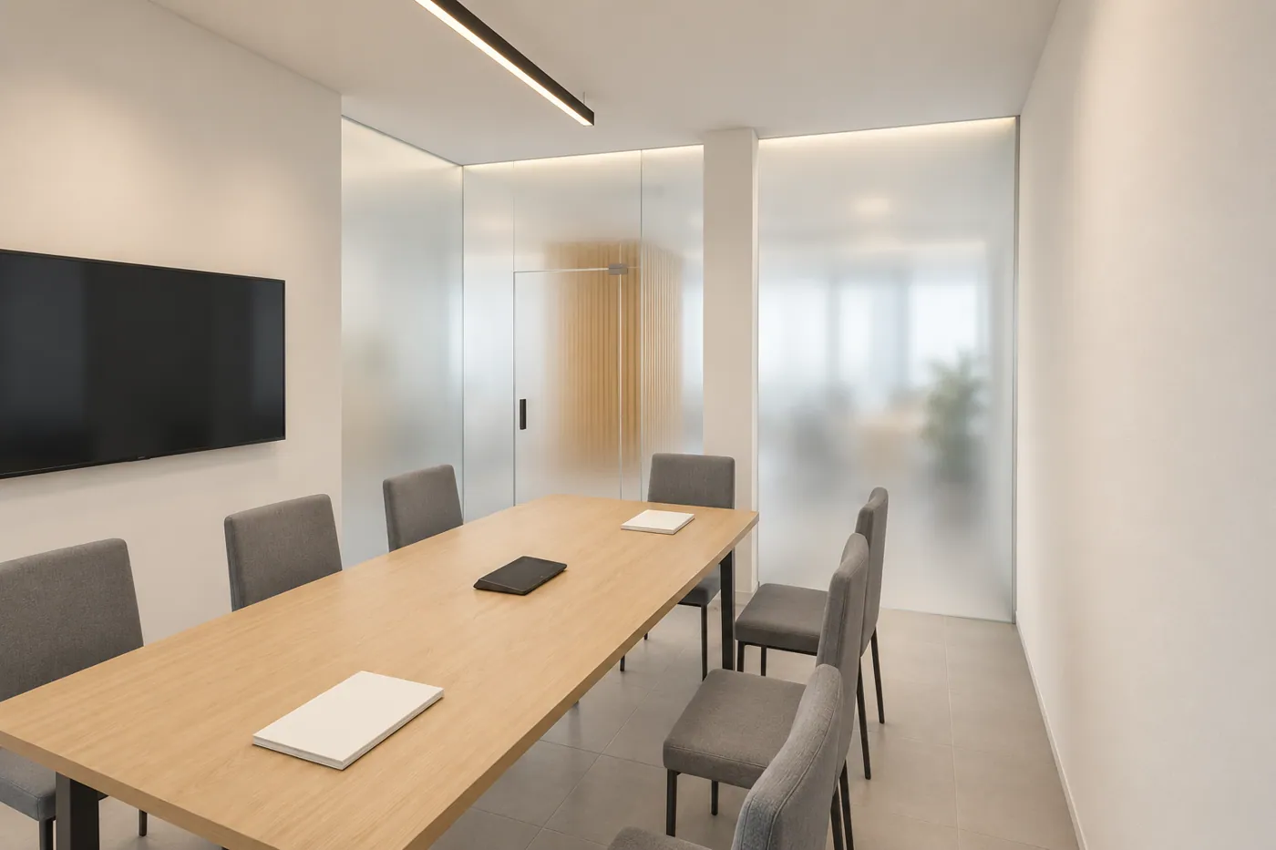 Salle de conférence des nouveaux locaux : table en chêne, écran mural, cloisons de verre dépoli