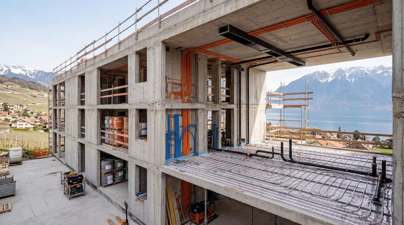 Bâtiment en construction, réservations et distributions techniques