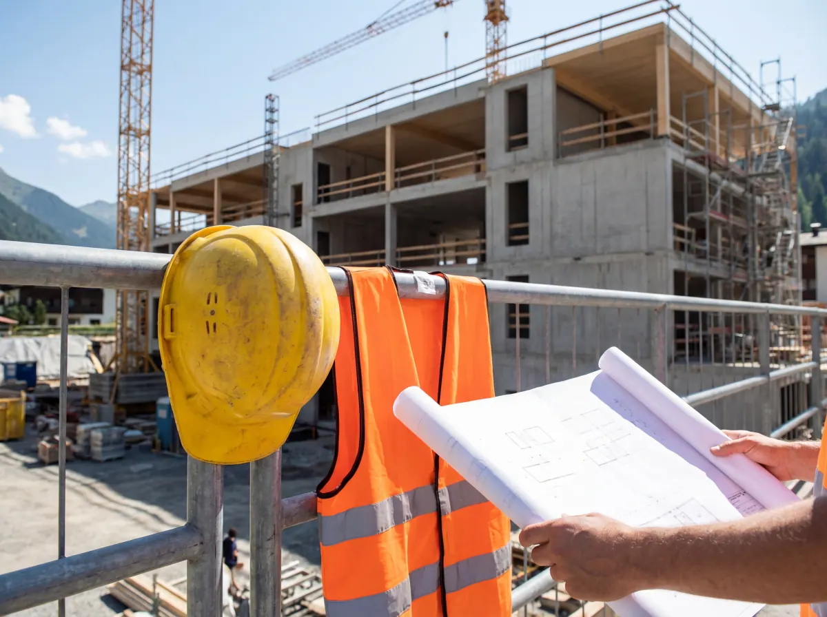 Casque, gilet et plans sur un chantier en cours