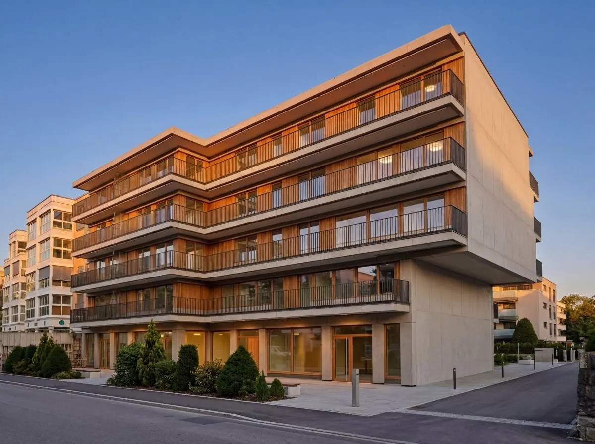 Immeuble de logements et surface commerciale à Nyon, au crépuscule
