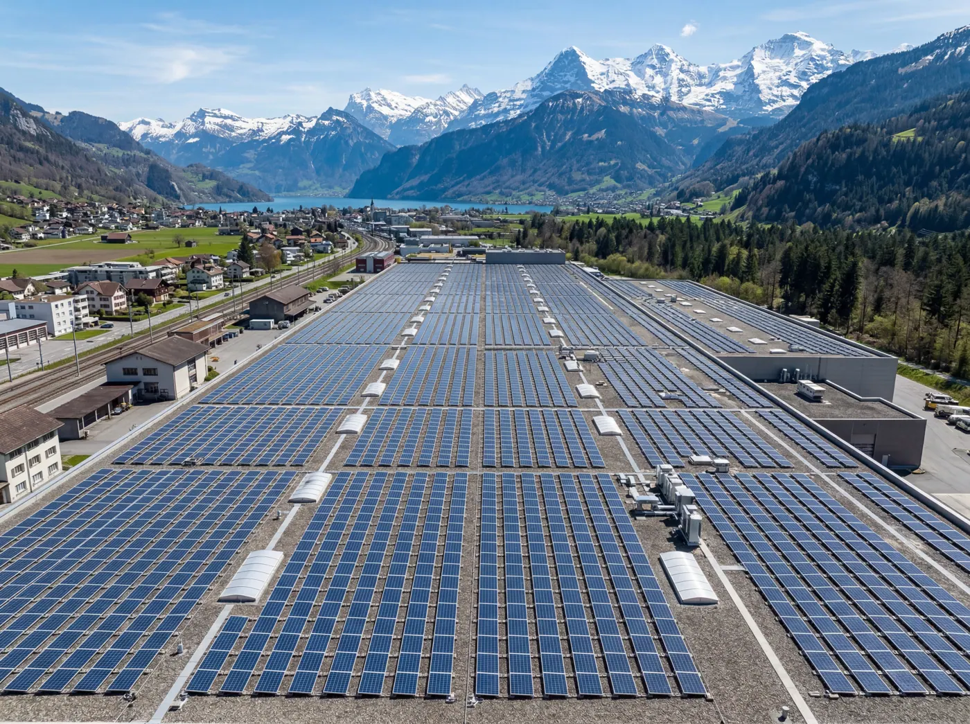 Champ photovoltaïque sur une toiture plate
